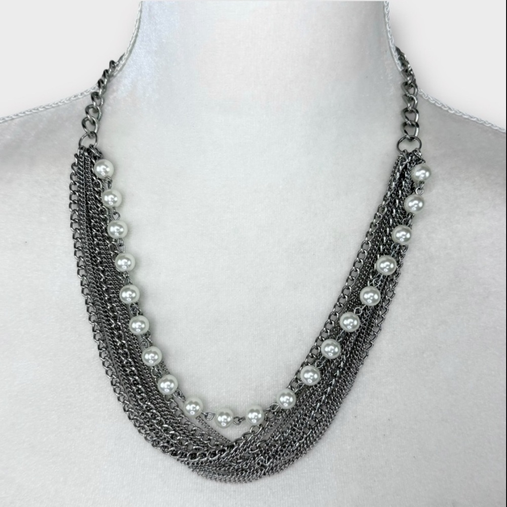 Silver and White Pearl Layered Necklace with Twist Design Thick Multi-strand EUC